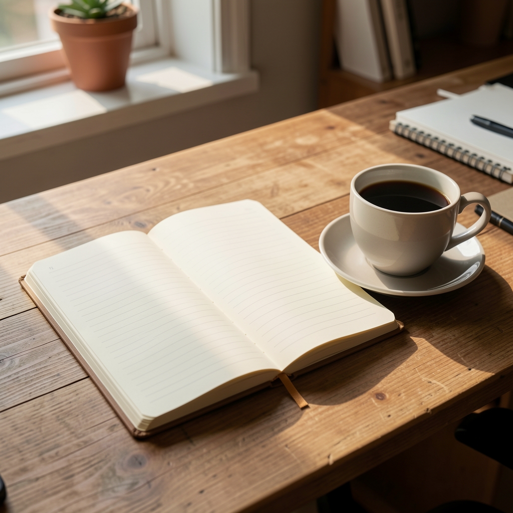 Natural morning light falling on an open notebook and a cup of black coffee on a wooden editorial desk