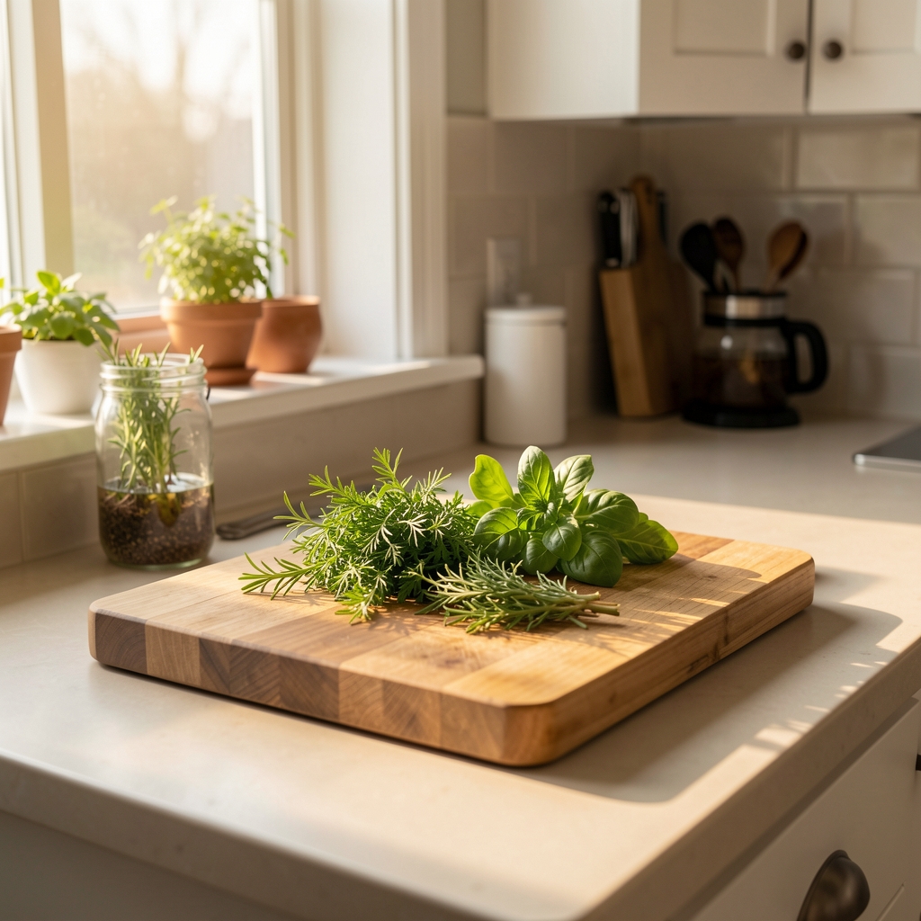 Morning kitchen scene with fresh herbs, a wooden chopping board and warm directional light from a side window