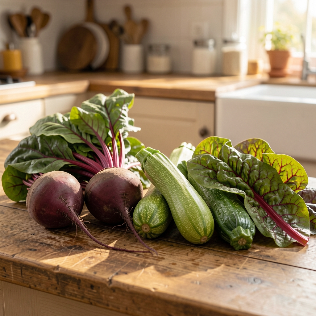 Fresh seasonal vegetables including whole beetroot, courgettes, and rainbow chard arranged on a worn wooden kitchen counter in warm morning light