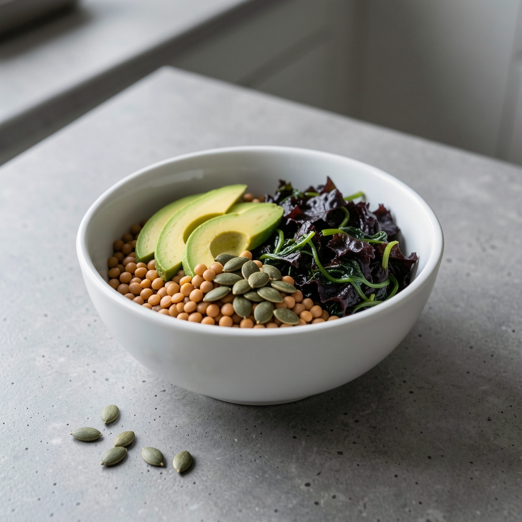 A white ceramic bowl filled with lentils, dark leafy greens, sliced avocado, and pumpkin seeds on a concrete-grey kitchen table